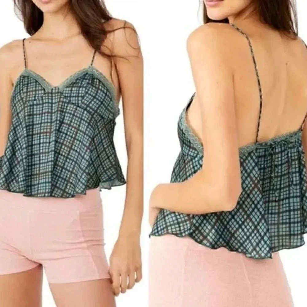 Free People Top Womens Sz M  intimately Camisole Back Tie forest Green Satin NWT